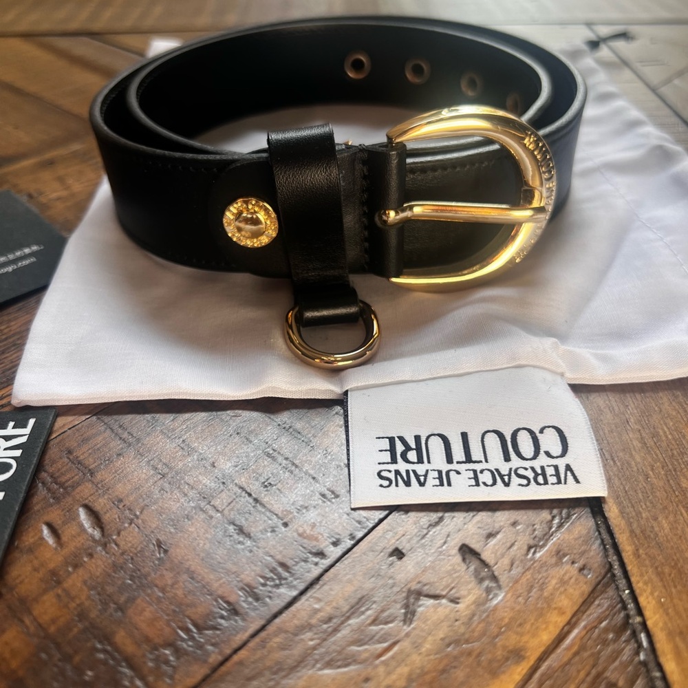 Versace Jeans Collection Black Belt with Gold Buckle